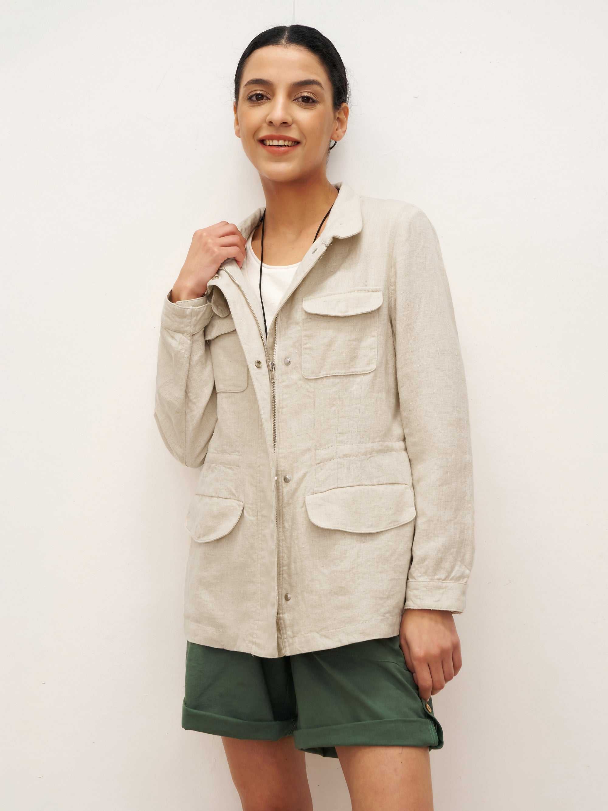 100% Linen Convertible Collar Jacket EVELINA - Natural / S - TOPS-Linen Jackets