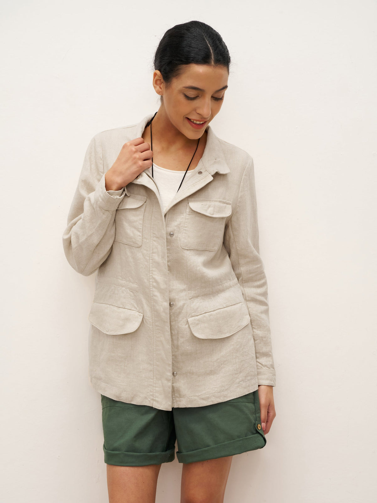 100% Linen Convertible Collar Jacket EVELINA - TOPS-Linen Jackets