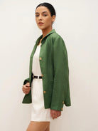 100% Linen Peter Pan Collar Patch Pocket Shirt Jacket LYDIA - TOPS-Linen Jackets