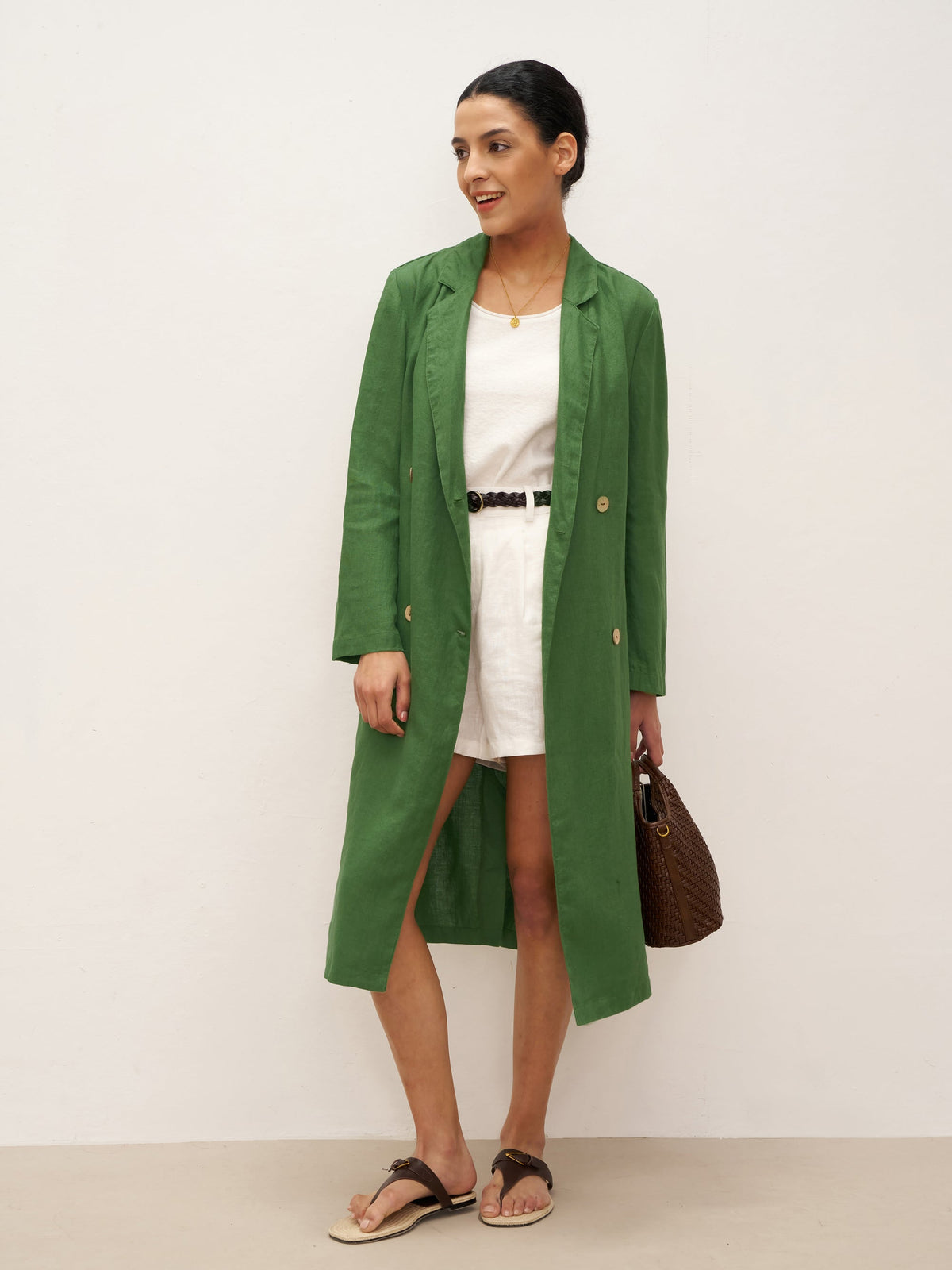 100% Linen Double-Breasted Belted Trench Coat LEILA - TOPS-Linen Jackets