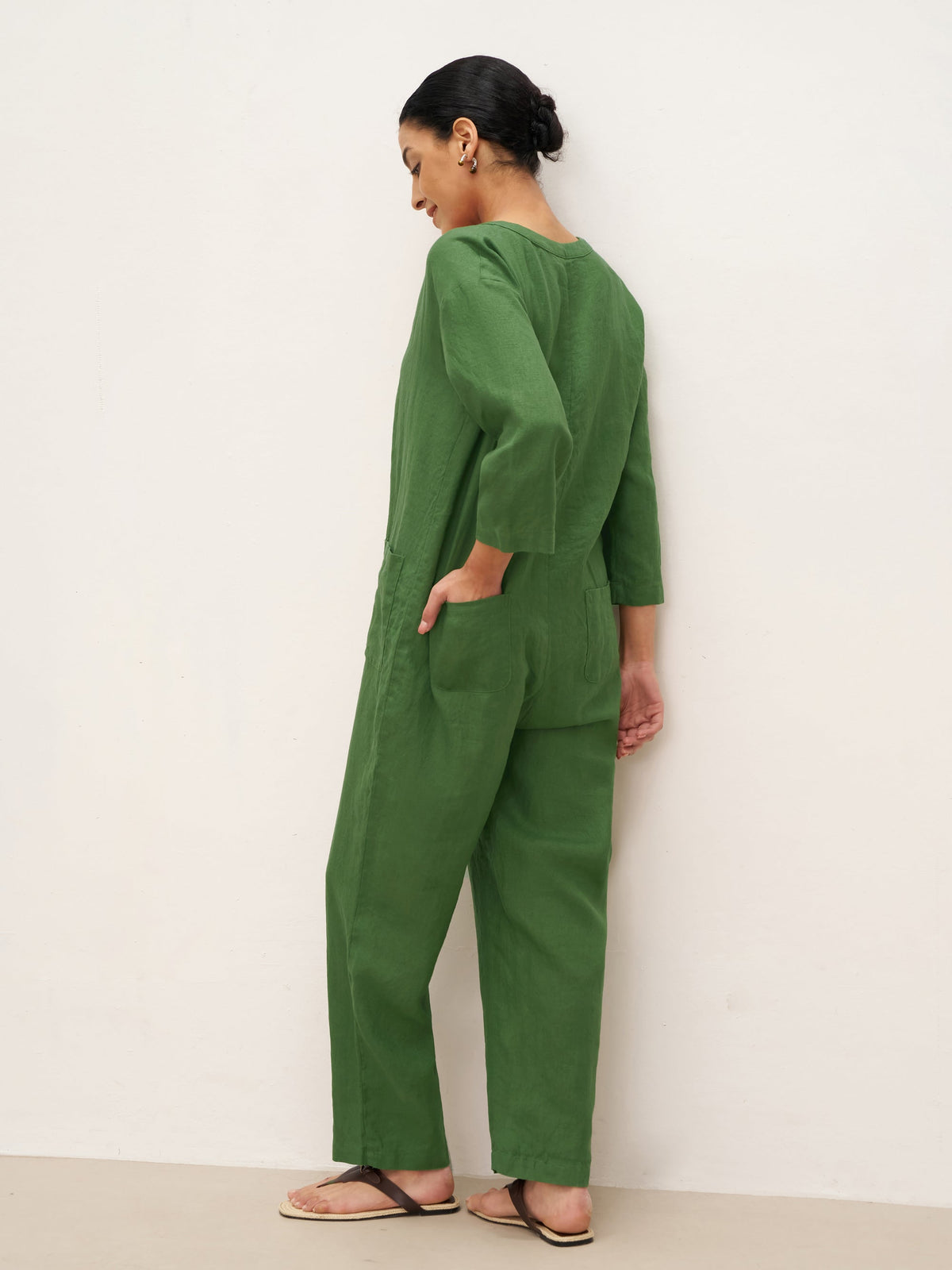100% Linen Deep V-Neck Oversized Button-Front Jumpsuit LINDEN-with Belt - sets & jumpsuits