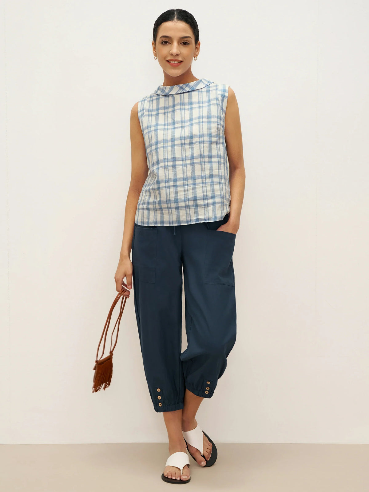 Linen Tapered Double Patch Pocket Cropped Trousers - BOTTOMS-Linen Pants