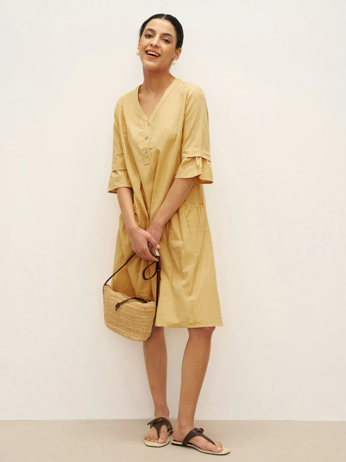 Linen V-Neck Button Detail Knee Length Dress - DRESSES-Linen Midi