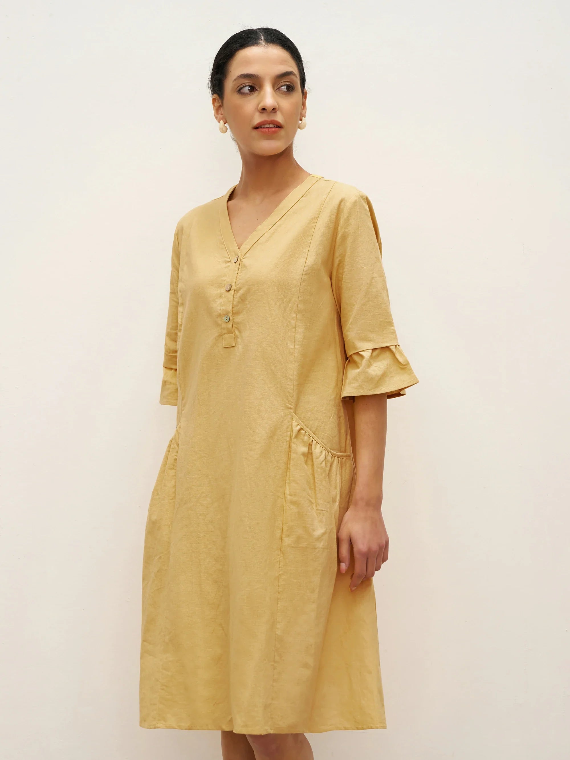 Linen V-Neck Button Detail Knee Length Dress - DRESSES-Linen Midi