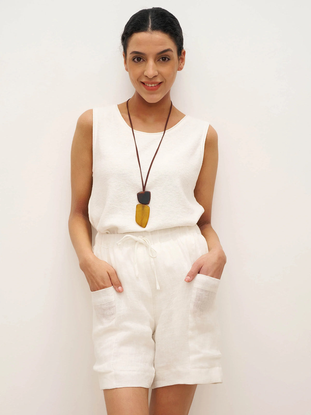 100% Linen Elastic Waist Drawstring Shorts with Pockets DELILAH - BOTTOMS-Linen