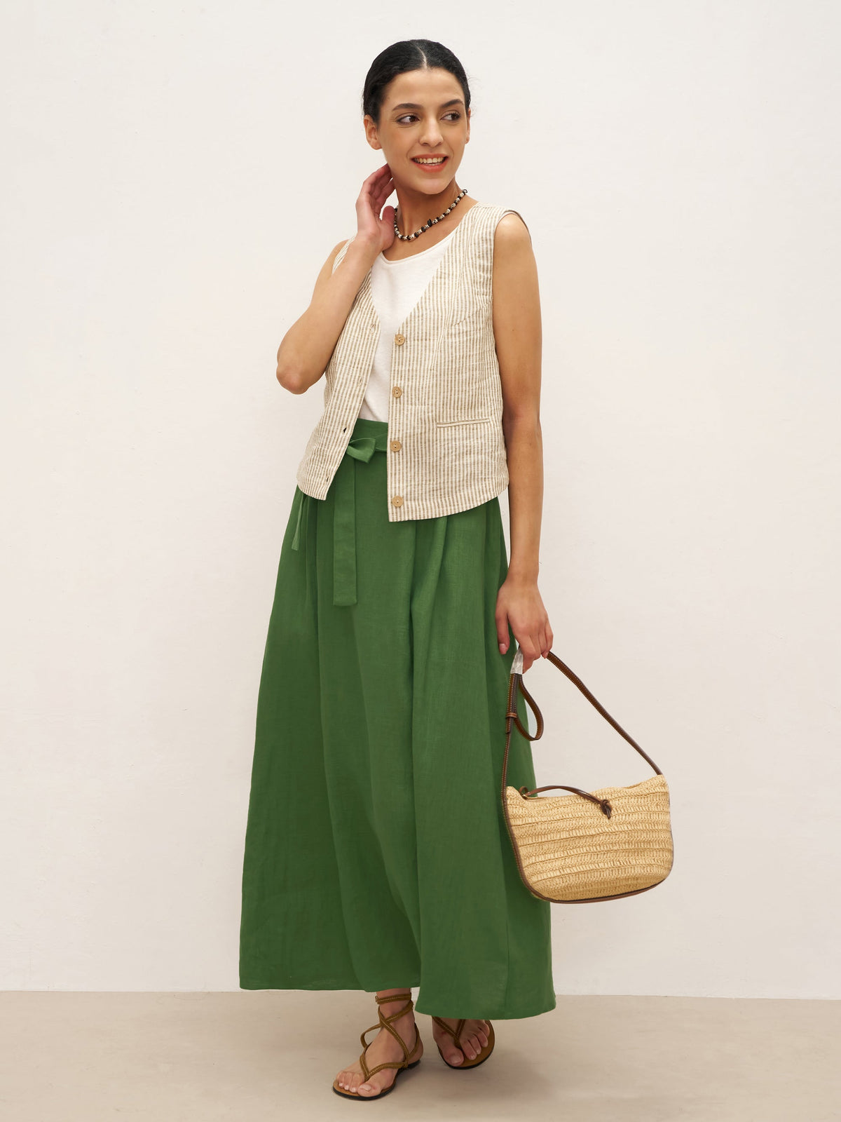 100% Linen A-Line Waist-Tied Skirt LENA - BOTTOMS-Linen Skirts