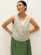 100% Linen Striped Deep V-Neck Vest LULU - TOPS-Linen Vests