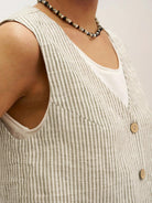 100% Linen Striped Deep V-Neck Vest LULU - TOPS-Linen Vests