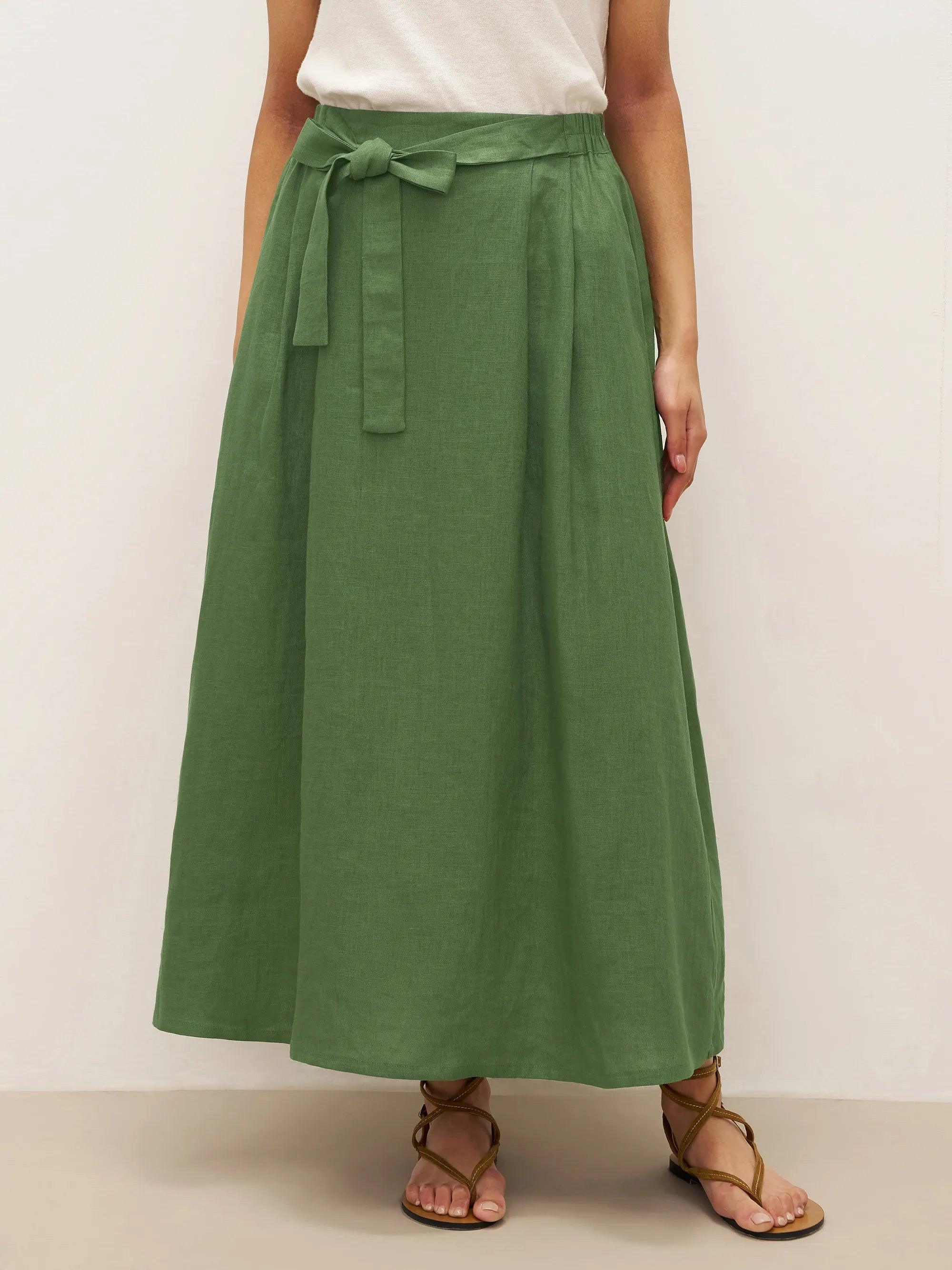 100% Linen A-Line Waist-Tied Skirt LENA - Olive Green / S - BOTTOMS-Linen Skirts