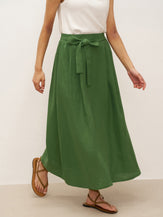 100% Linen A-Line Waist-Tied Skirt LENA - BOTTOMS-Linen Skirts