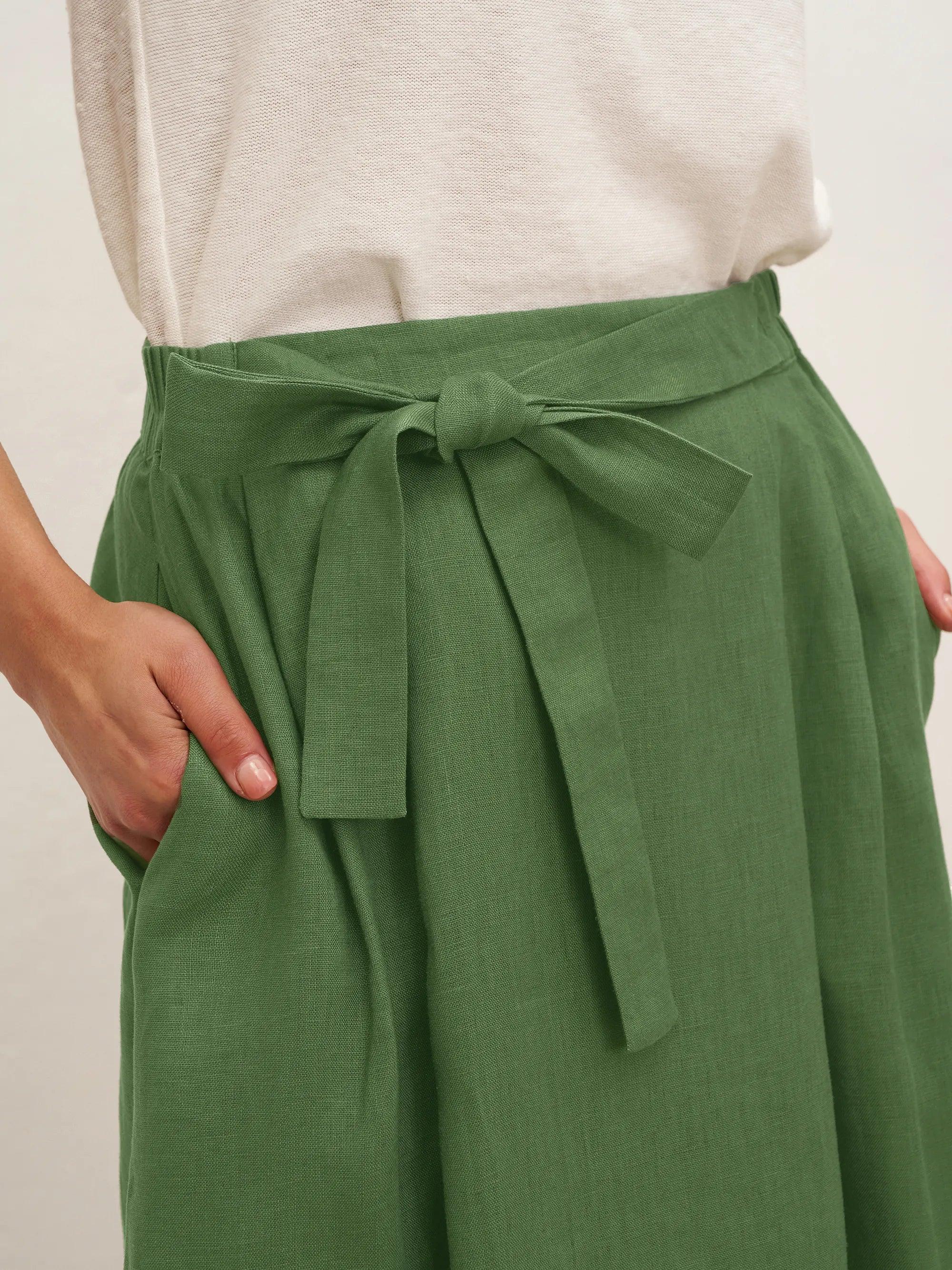 100% Linen A-Line Waist-Tied Skirt LENA - BOTTOMS-Linen Skirts