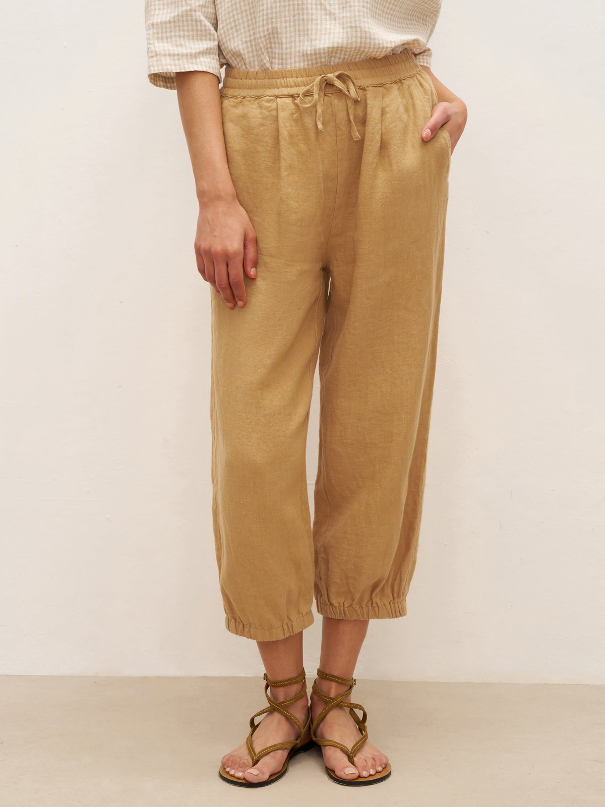 100% Linen Cuffed Ankle-Length Elastic Waist Pants DANIKA - Mellow Yellow / S - BOTTOMS-Linen