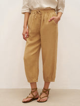 100% Linen Cuffed Ankle-Length Elastic Waist Pants DANIKA - BOTTOMS-Linen