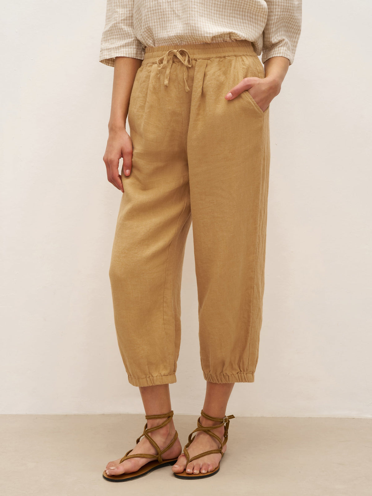 100% Linen Cuffed Ankle-Length Elastic Waist Pants DANIKA - BOTTOMS-Linen