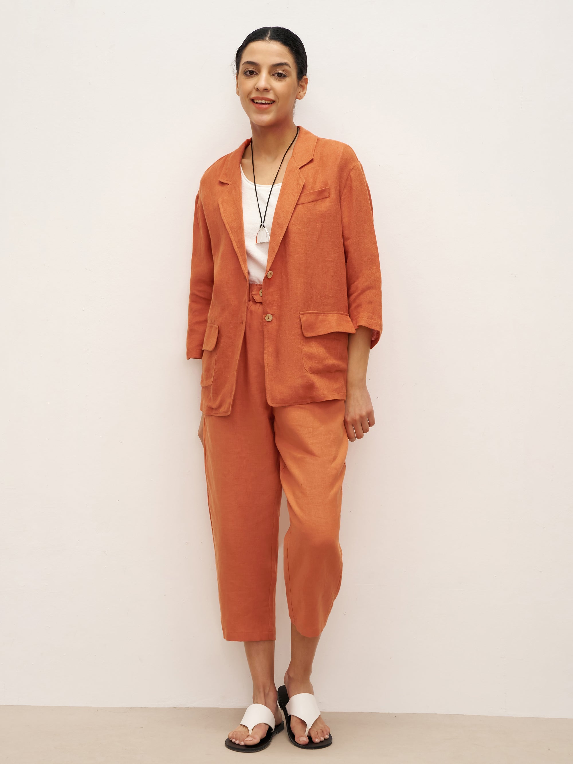 100% Linen 3/4 Sleeve Drop Shoulder Blazer DARA - TOPS-Linen Jackets