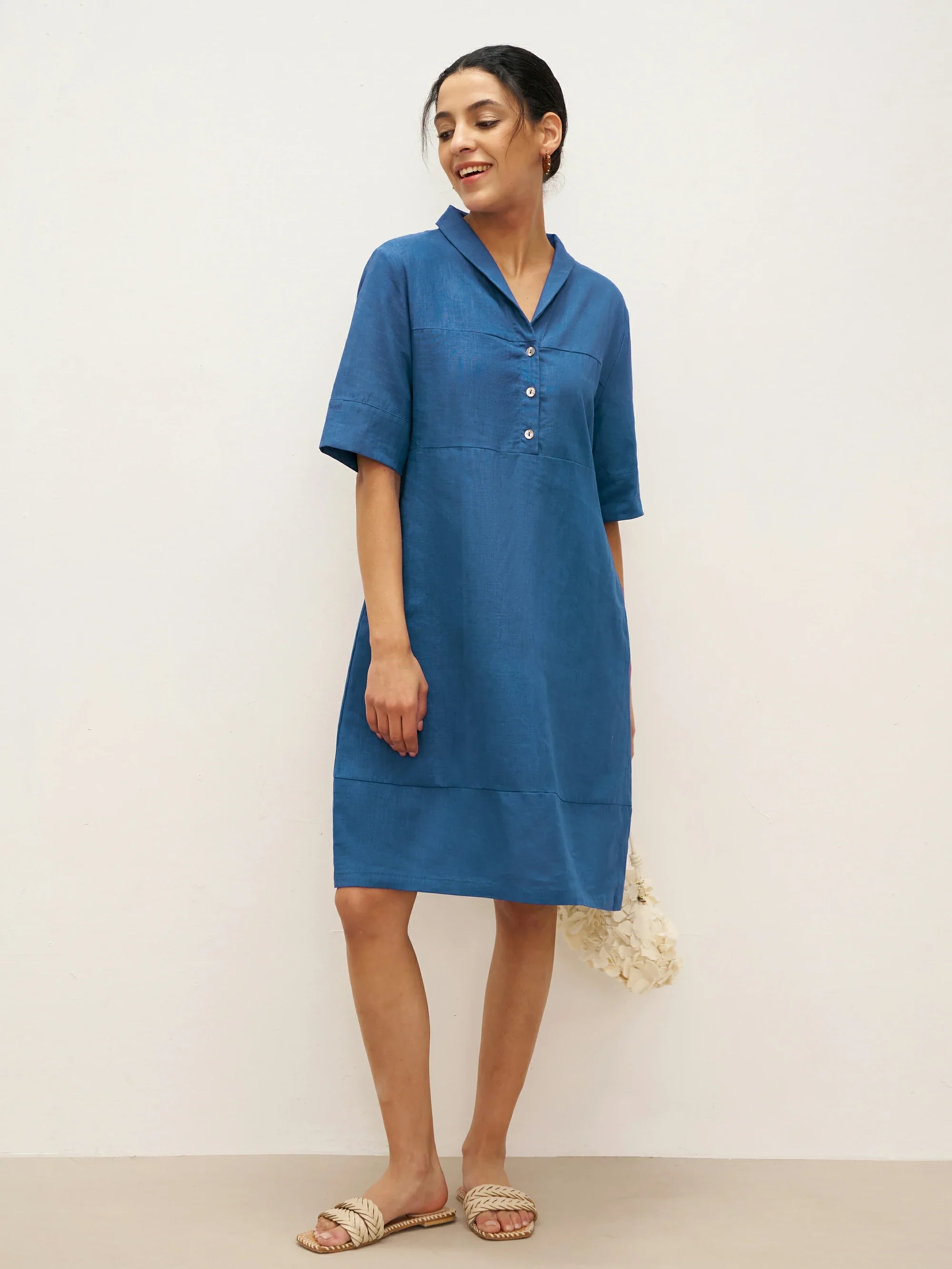 Linen Shawl V-Neck Half Sleeve Minidress LIVIA - Sea Blue / S - DRESSES-Linen Midi