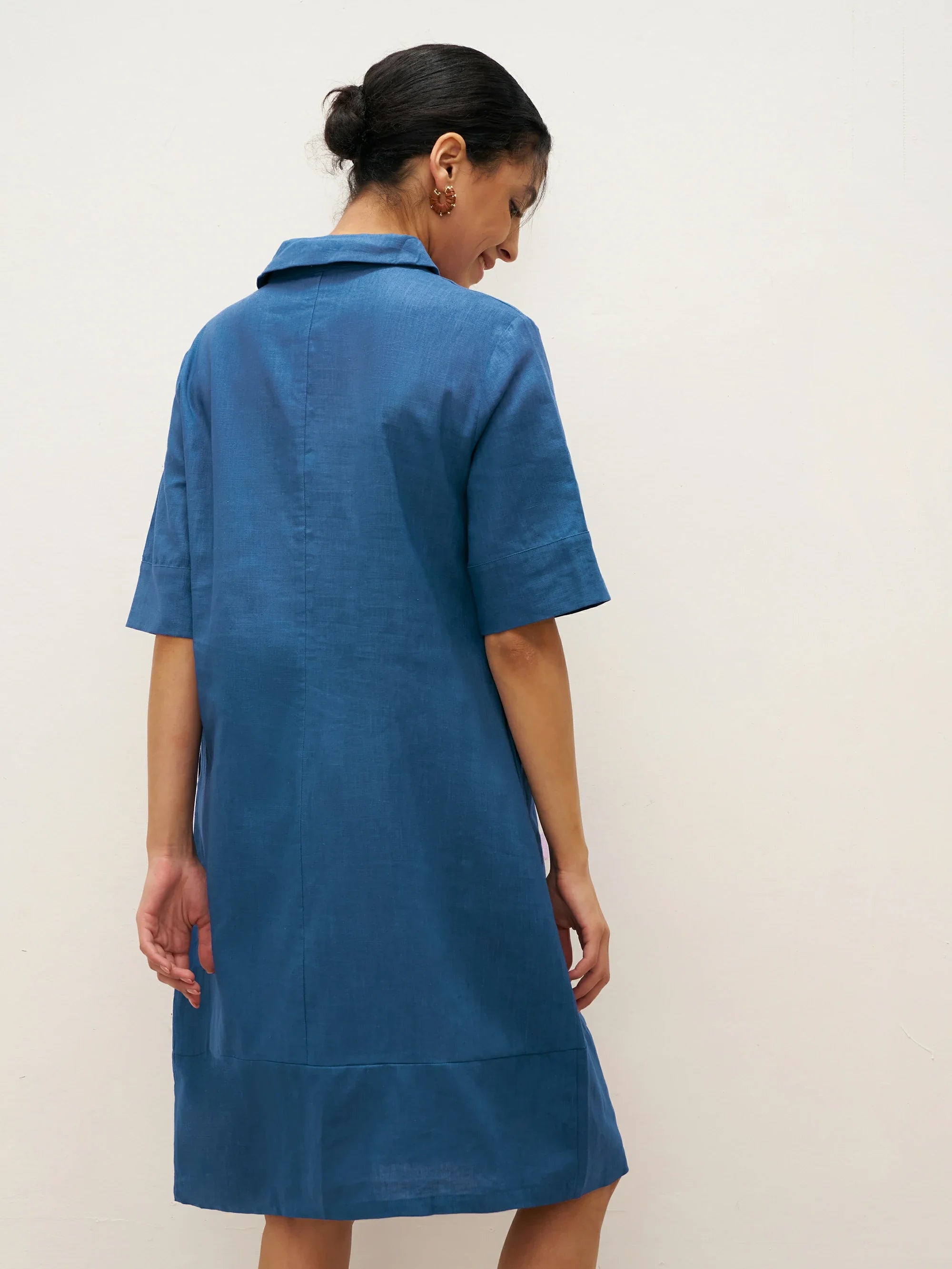 Linen Shawl V-Neck Half Sleeve Minidress LIVIA - DRESSES-Linen Midi