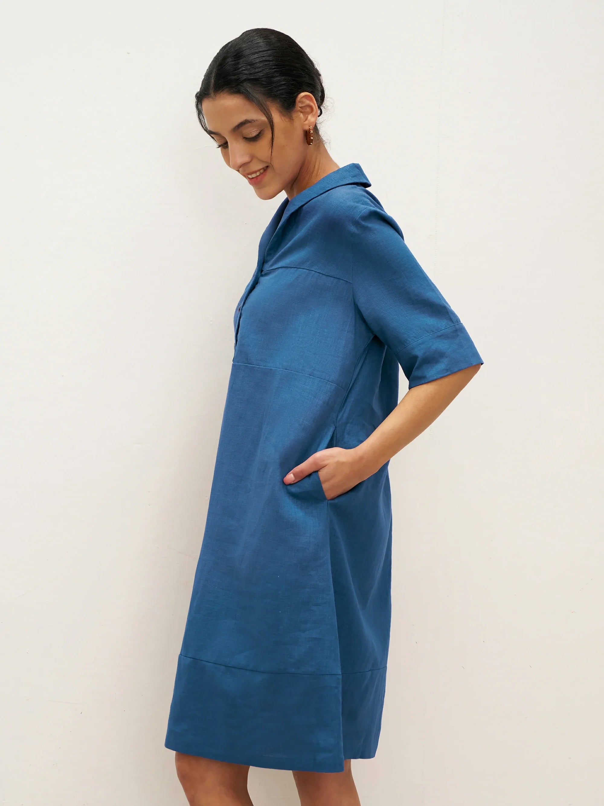 Linen Shawl V-Neck Half Sleeve Minidress LIVIA - DRESSES-Linen Midi