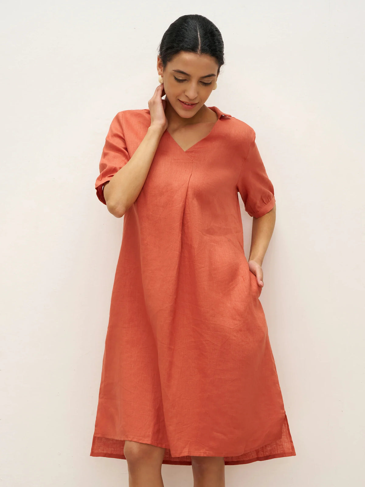 Robe 100% lin longueur genou à plis devant - ROBES-Robes midi en lin