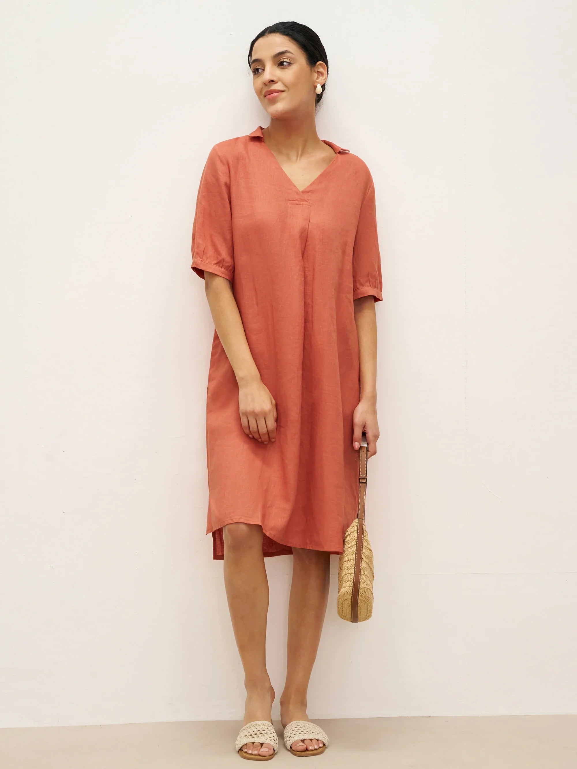 100% Linen Pleated Front Knee-Length Dress - Sun Orange / S - DRESSES-Linen Midi