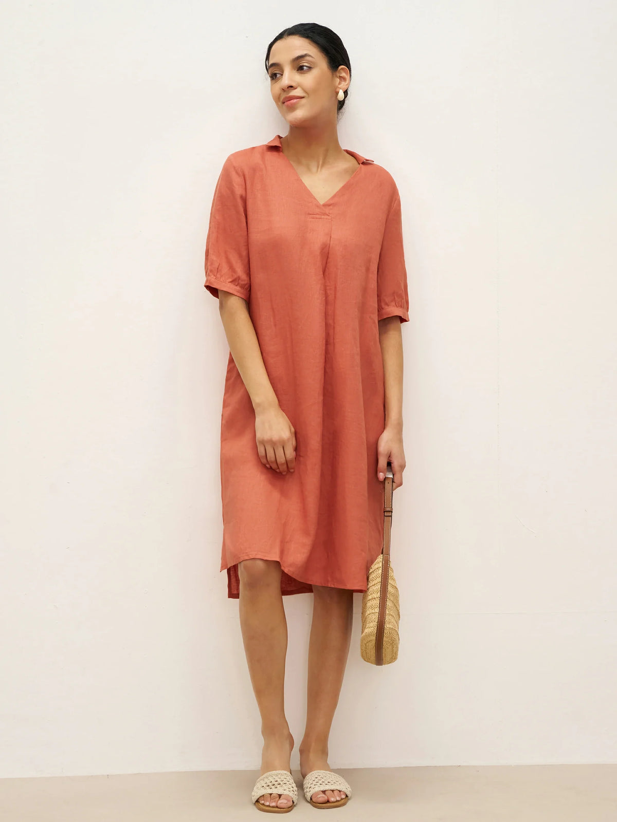 Robe 100% lin longueur genou à plis devant - Orange soleil / S - ROBES-Robes midi en lin