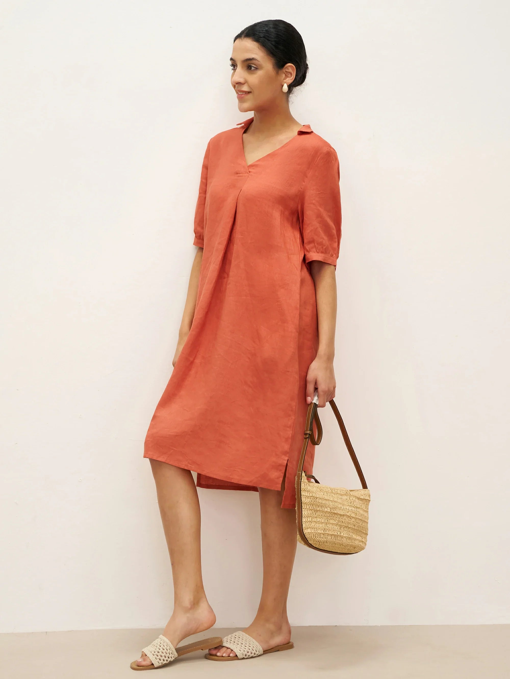 100% Linen Pleated Front Knee-Length Dress - DRESSES-Linen Midi