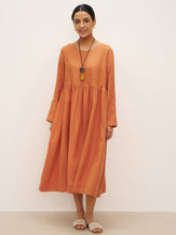 100% Linen Long Sleeve Waist-Ruffle Smock Midi Dress DANY - Burnt Orange / S - DRESSES-Linen