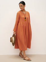 100% Linen Long Sleeve Waist-Ruffle Smock Midi Dress DANY - DRESSES-Linen