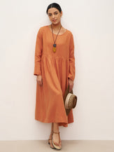 100% Linen Long Sleeve Waist-Ruffle Smock Midi Dress DANY - DRESSES-Linen