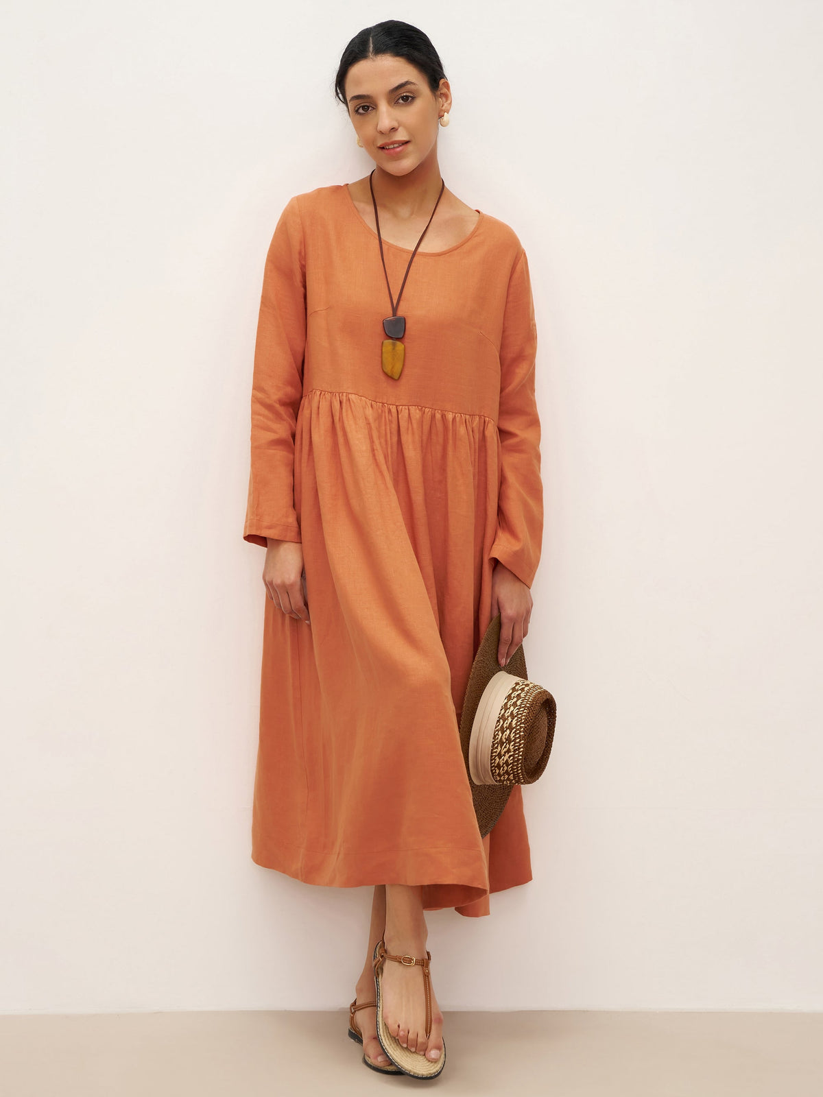 100% Linen Long Sleeve Waist-Ruffle Smock Midi Dress DANY - DRESSES-Linen