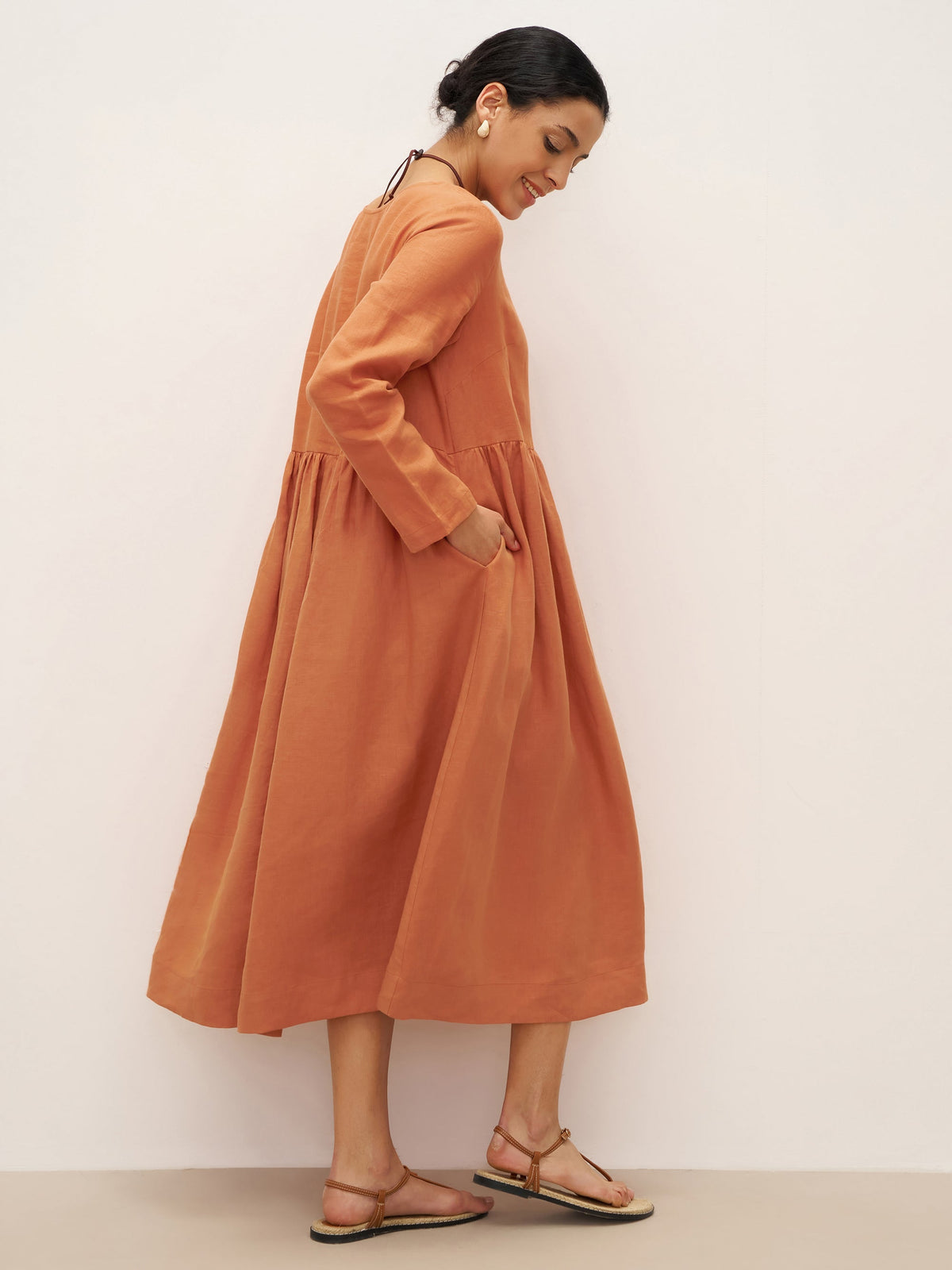 100% Linen Long Sleeve Waist-Ruffle Smock Midi Dress DANY - DRESSES-Linen