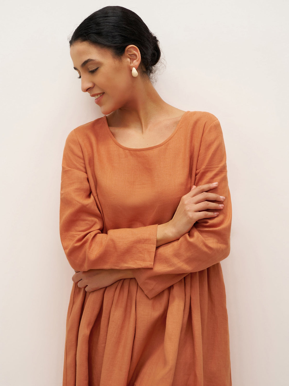 100% Linen Long Sleeve Waist-Ruffle Smock Midi Dress DANY - DRESSES-Linen