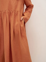 100% Linen Long Sleeve Waist-Ruffle Smock Midi Dress DANY - DRESSES-Linen