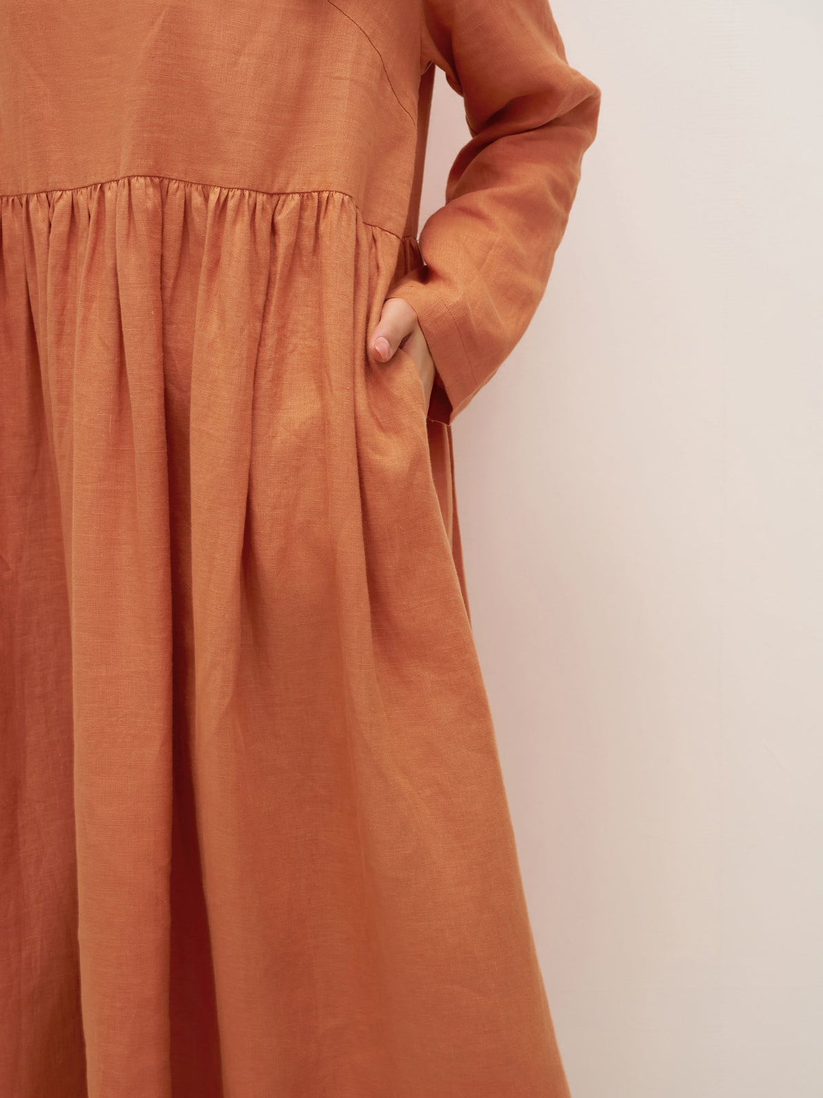 100% Linen Long Sleeve Waist-Ruffle Smock Midi Dress DANY - DRESSES-Linen