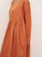 100% Linen Long Sleeve Waist-Ruffle Smock Midi Dress DANY - DRESSES-Linen