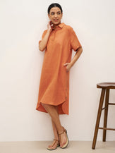 100% Linen Short Sleeve Button-Deco Shirt Dress DORIS - DRESSES-Linen Midi