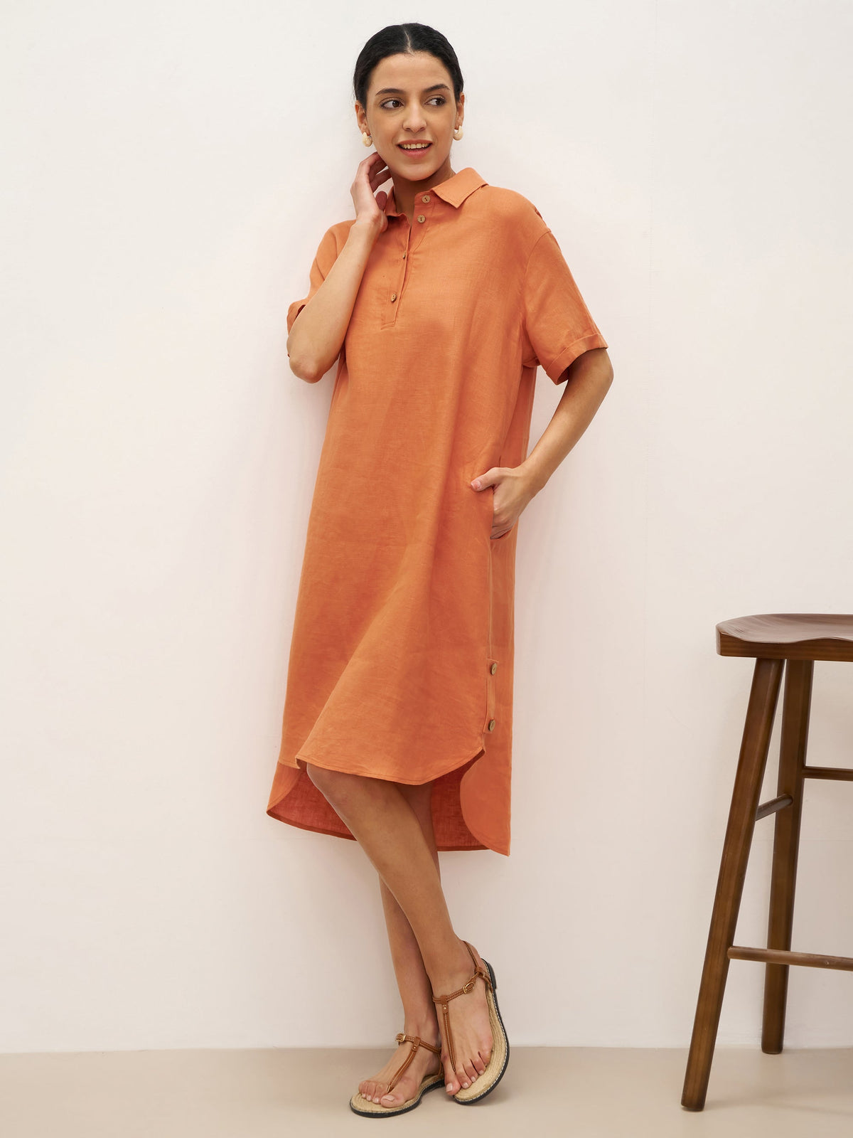 100% Linen Short Sleeve Button-Deco Shirt Dress DORIS - DRESSES-Linen Midi