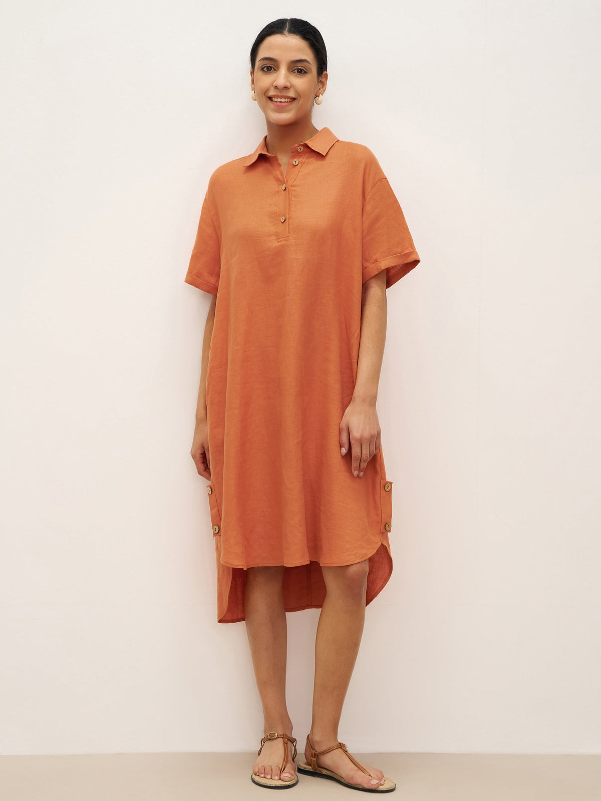 100% Linen Short Sleeve Button-Deco Shirt Dress DORIS - DRESSES-Linen Midi