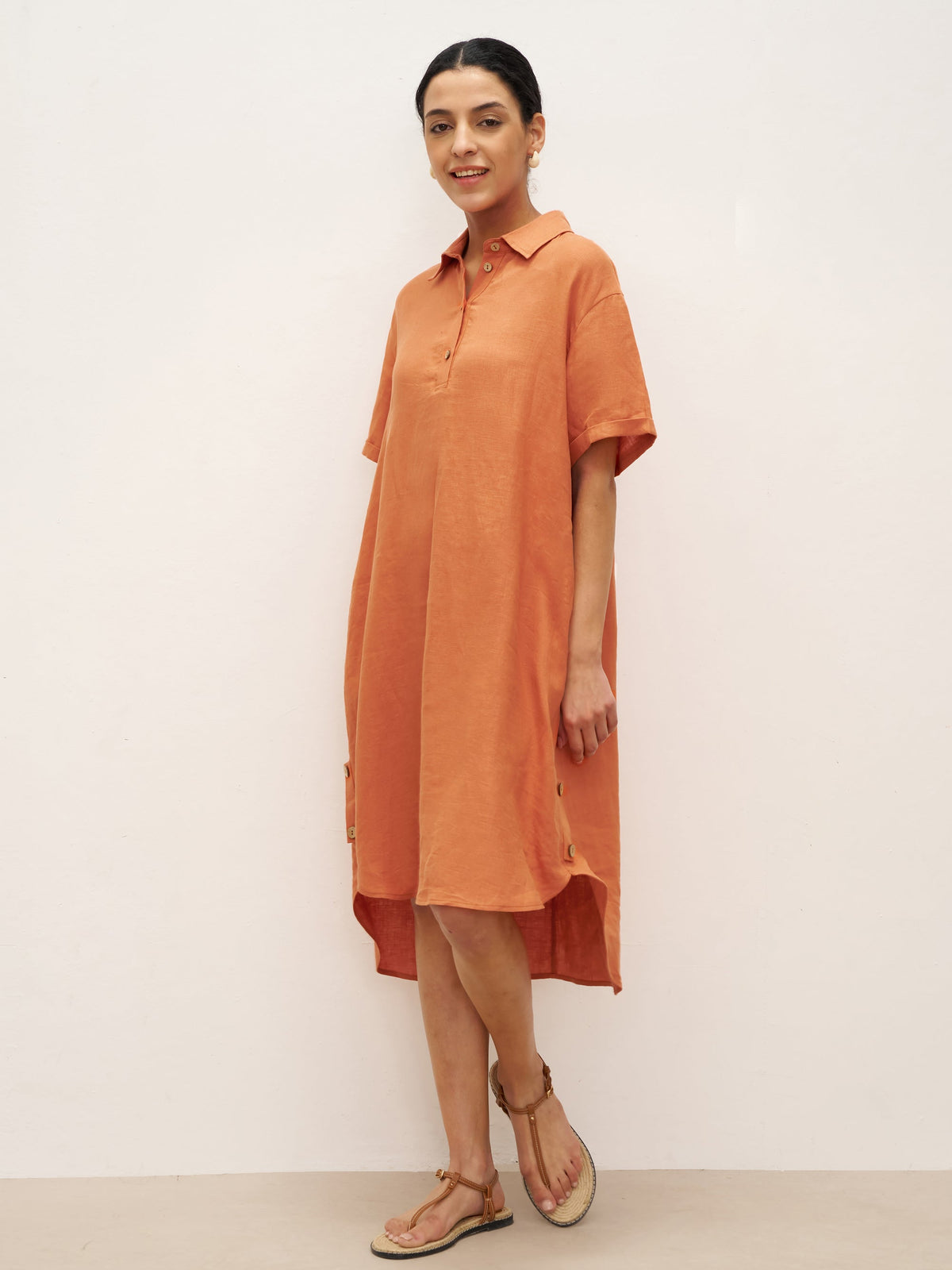100% Linen Short Sleeve Button-Deco Shirt Dress DORIS - Burnt Orange / S - DRESSES-Linen Midi