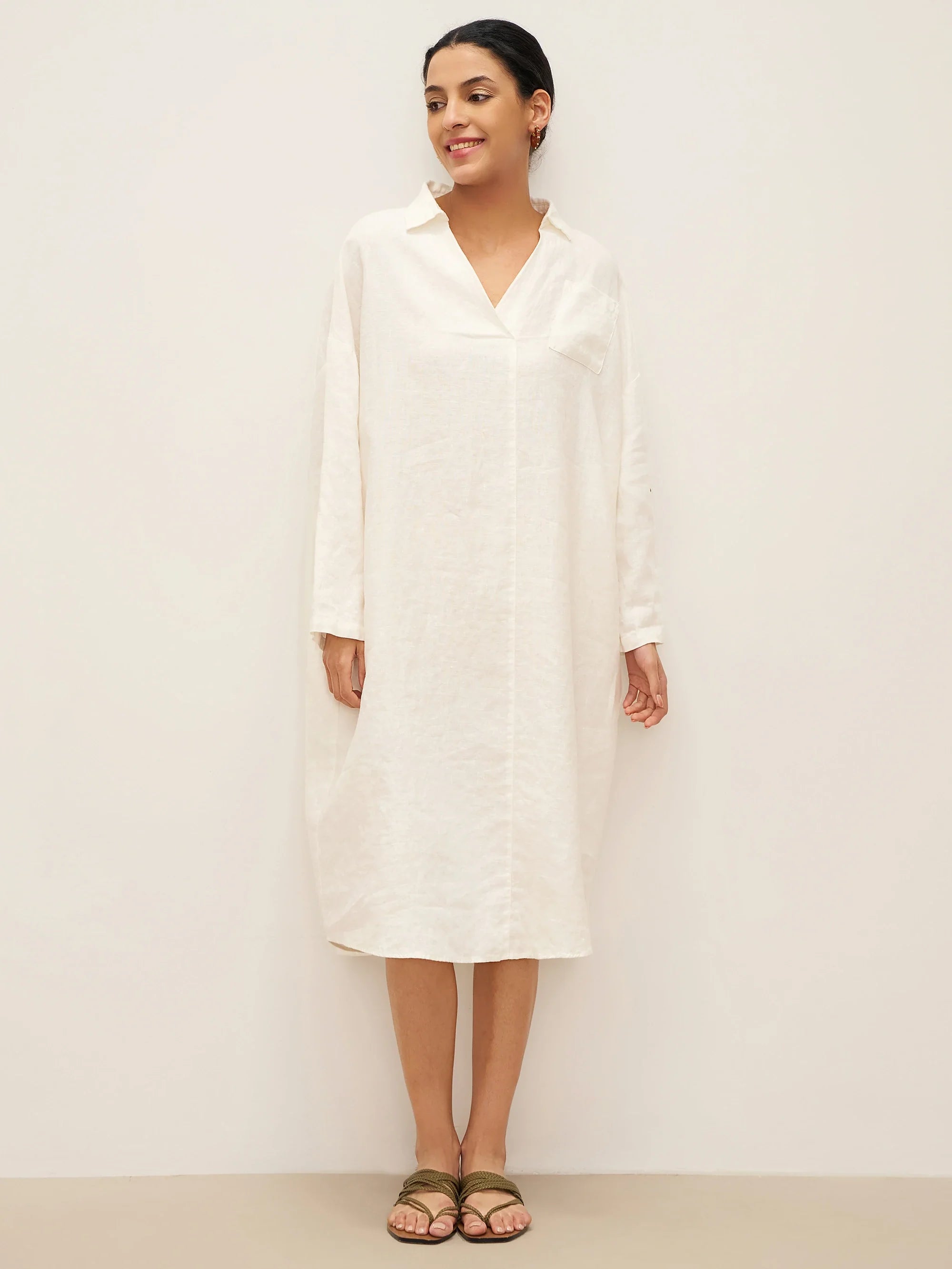 100% Linen Oversized Pullover Shirt Dress JOVITA - DRESSES-Linen Midi