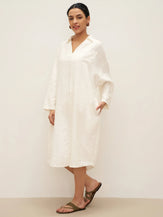 100% Linen Oversized Pullover Shirt Dress JOVITA - DRESSES-Linen Midi