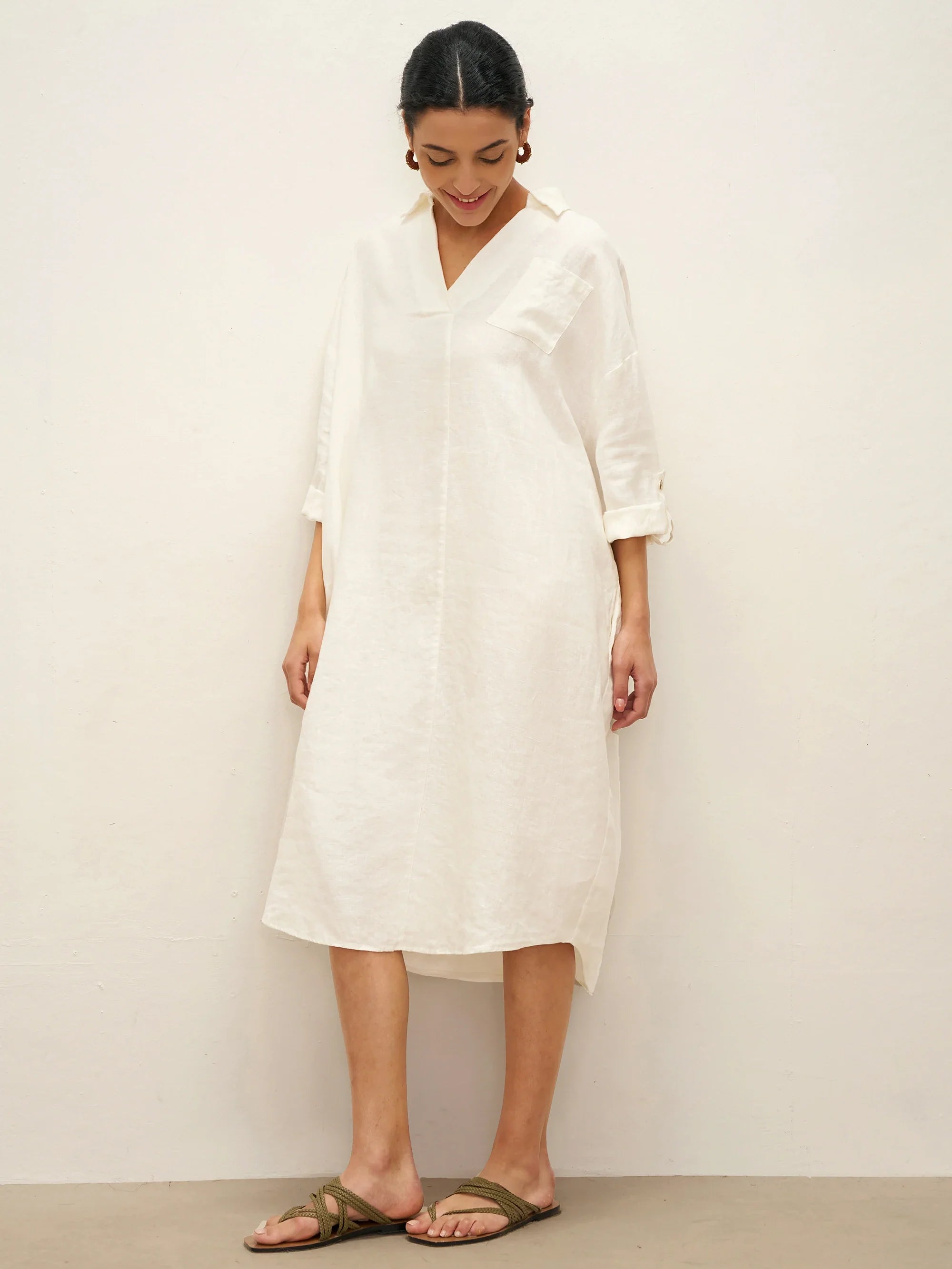 100% Linen Oversized Pullover Shirt Dress JOVITA - DRESSES-Linen Midi