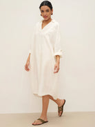 100% Linen Oversized Pullover Shirt Dress JOVITA - DRESSES-Linen Midi