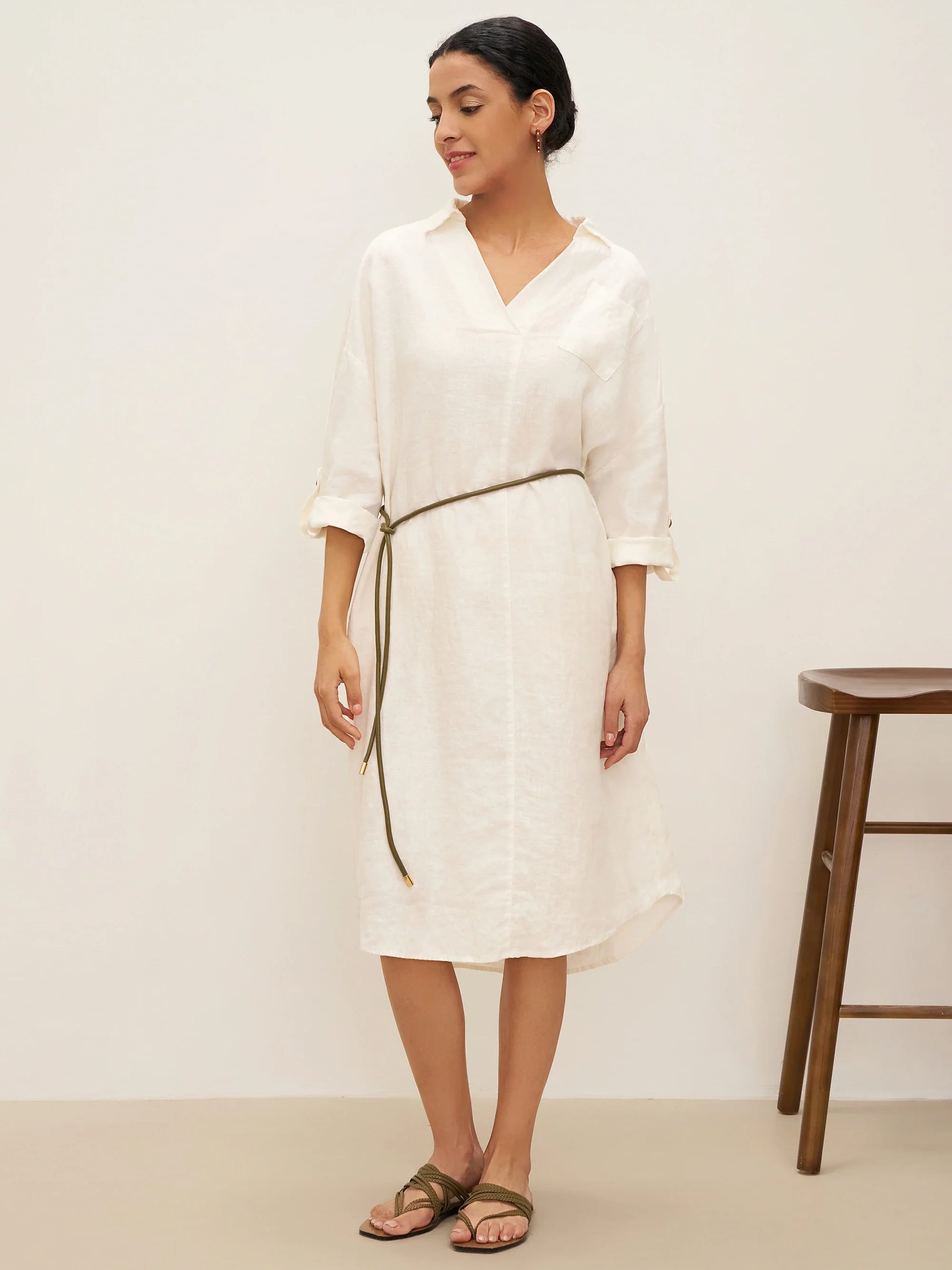 100% Linen Oversized Pullover Shirt Dress JOVITA - DRESSES-Linen Midi