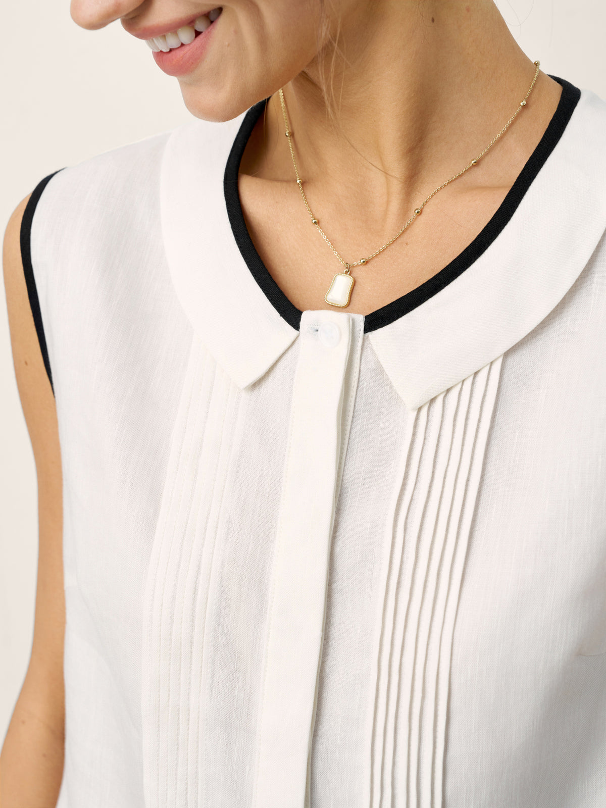 Linen-Lyocell Contrast Trim Pleated Sleeveless Top JUNIPER by LINTICO for women