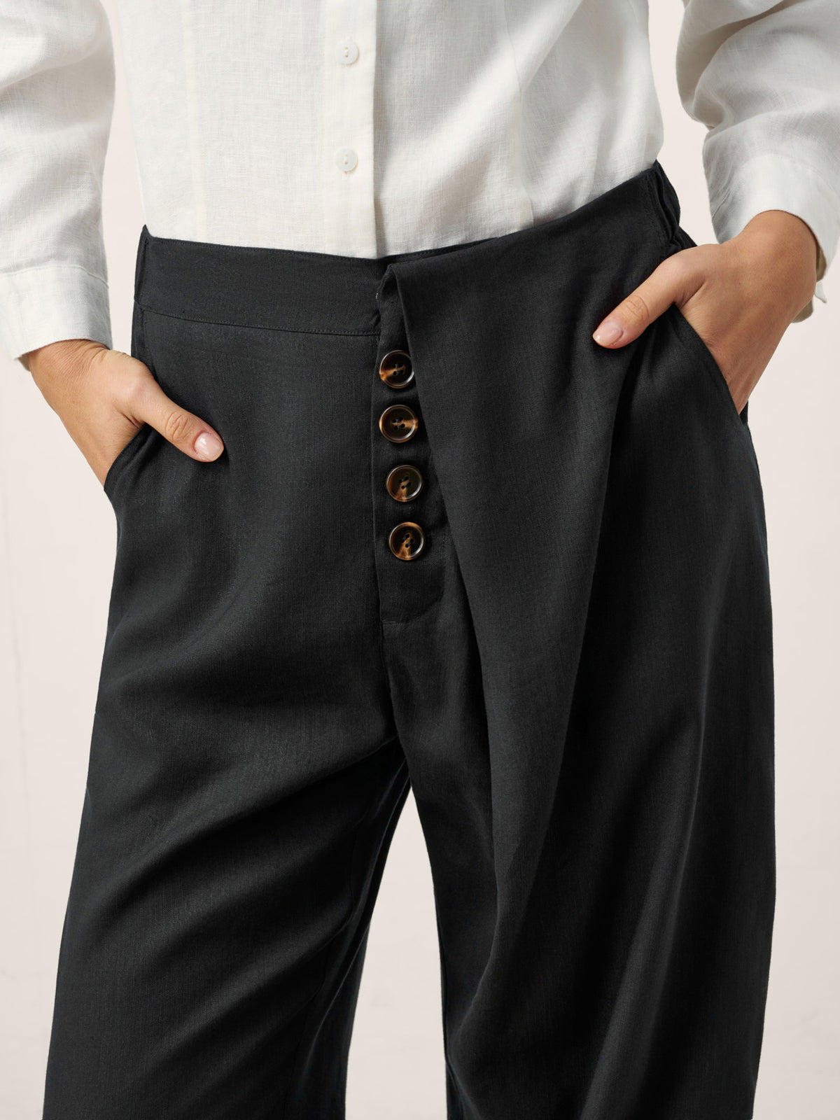 Linen-Lyocell Asymmetric Placket Straight Pants SAFFRON by LINTICO for women
