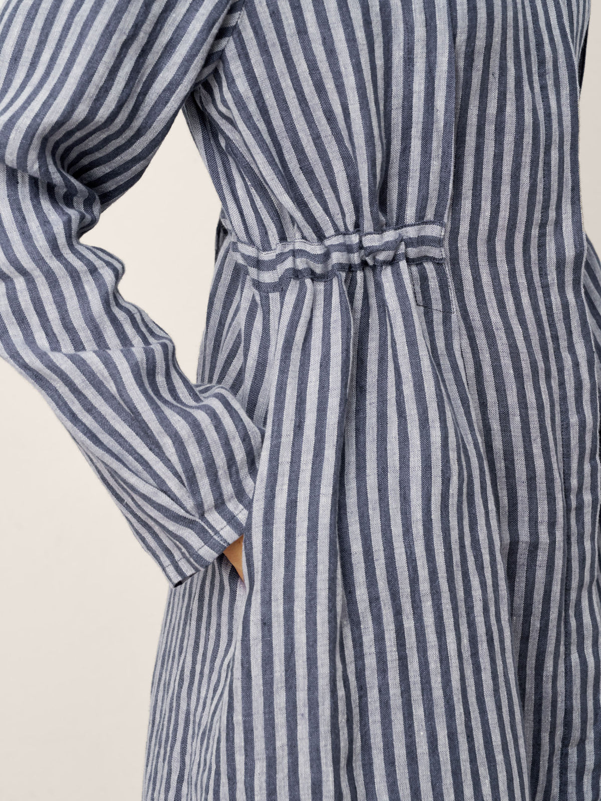 100% Linen Striped Back Drawstring Midi Shirt Dress ADELAIDE by LINTICO for women