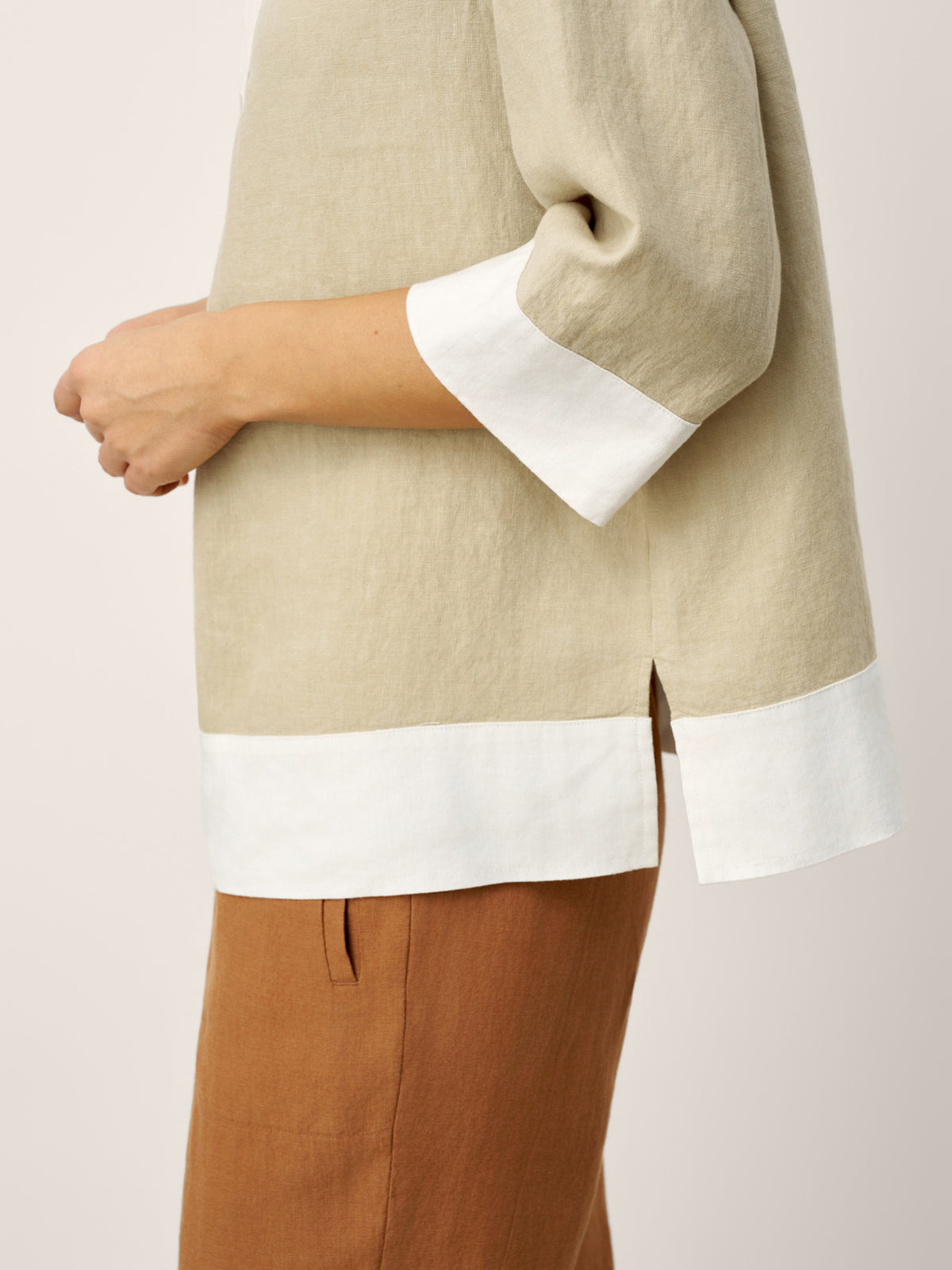 100% Linen Contrast Panel Lapel Sculpted Pleated Pullover Top VICTORIA by LINTICO for women