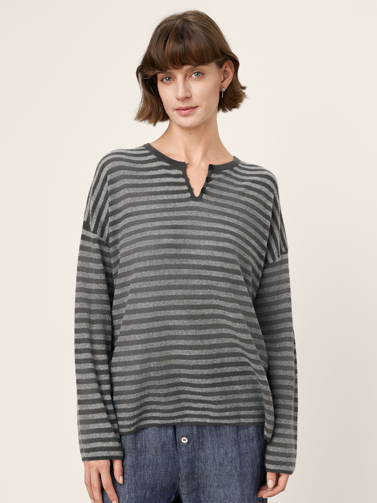 100% Mongolian Cashmere Drop Shoulder Stripe Knit Top RAINA