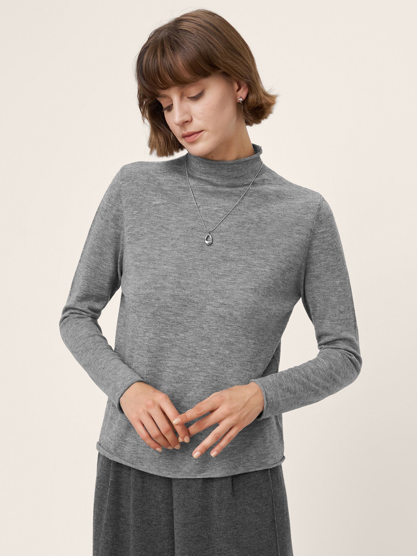 100% Extra-Fine Merino Wool Mock Neck Sweater with Rolled Edge ELA by LINTICO for women